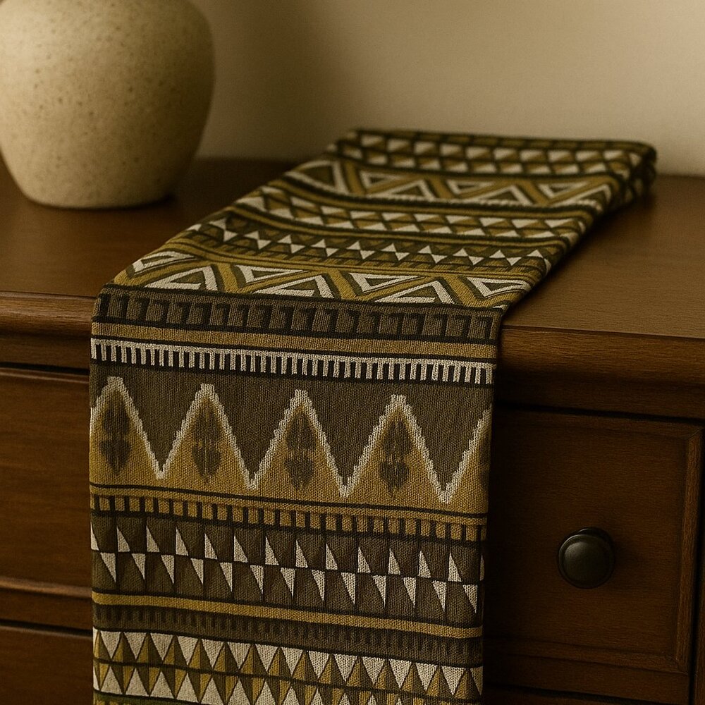 VINTAGE MCM Southwestern Knit Table Runner Earthy Olive Green Black White Geo
